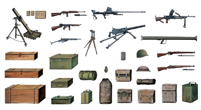 Doplňky pro diorama - zbraně a bedny (Italeri 1:35) 